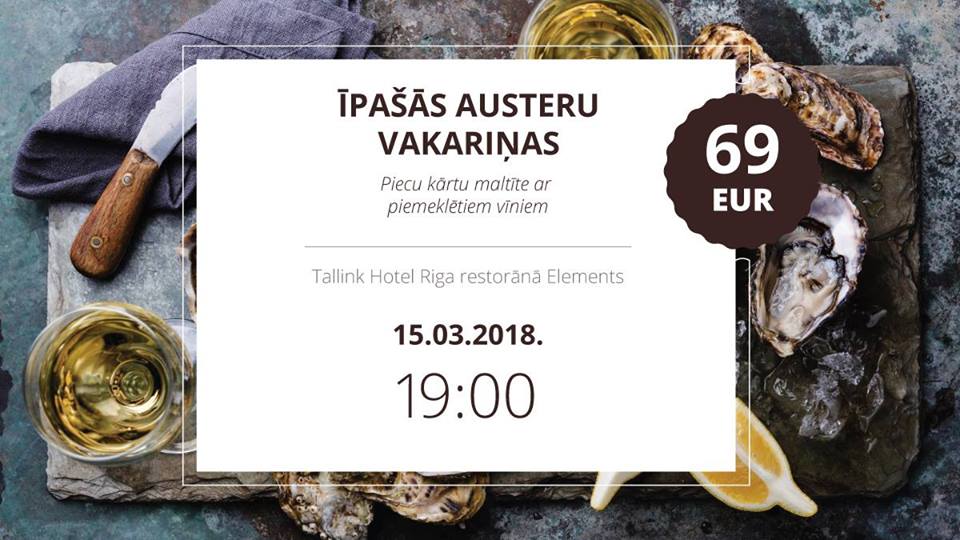 Austeru un jūras velšu vakariņas restorānā Elements